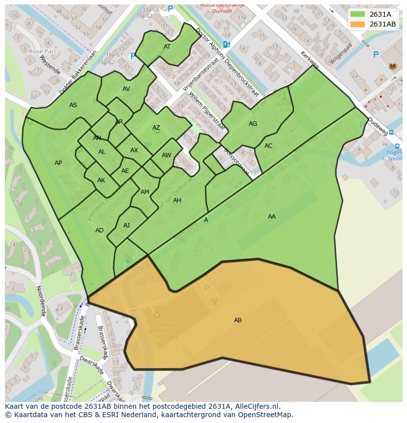 Afbeelding van het postcodegebied 2631 AB op de kaart.