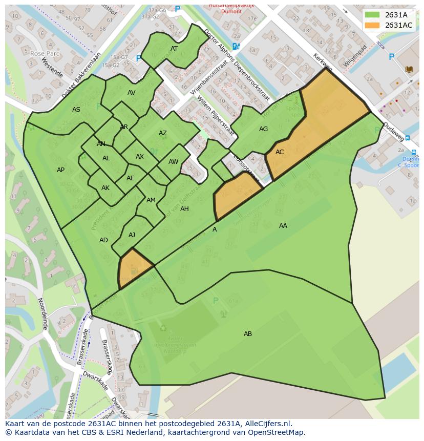 Afbeelding van het postcodegebied 2631 AC op de kaart.