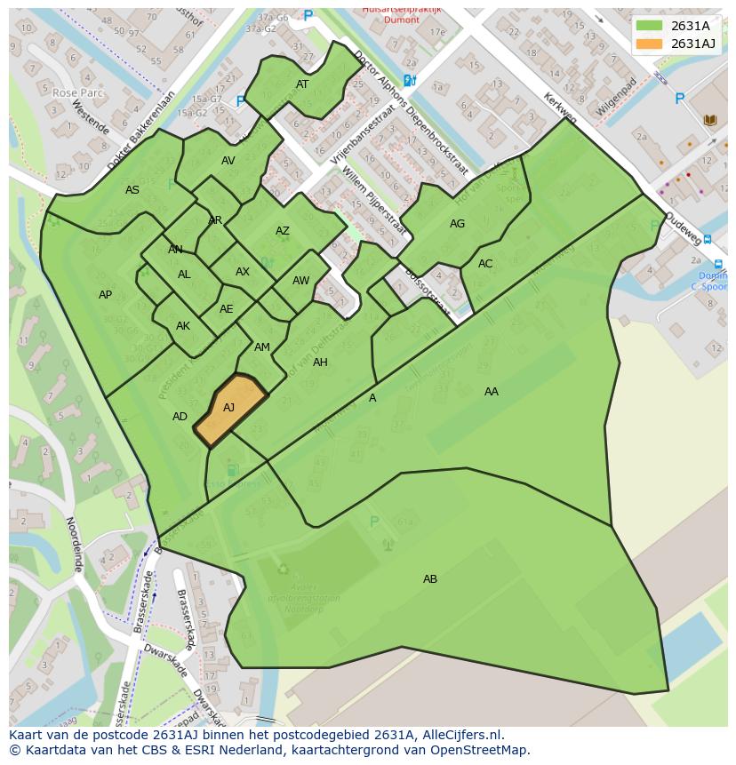 Afbeelding van het postcodegebied 2631 AJ op de kaart.