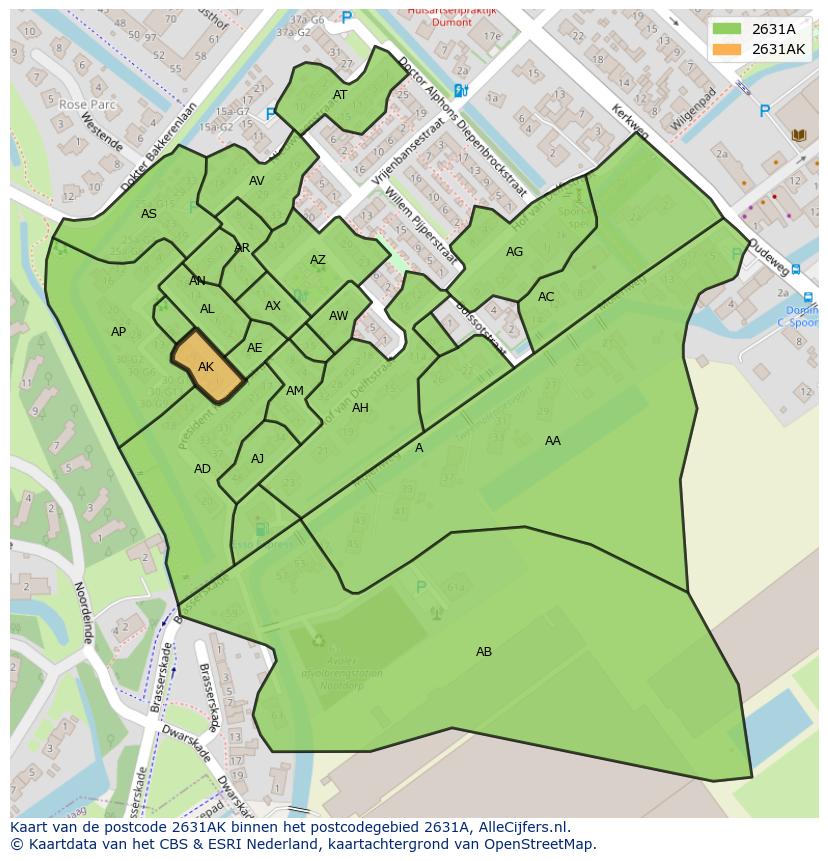 Afbeelding van het postcodegebied 2631 AK op de kaart.