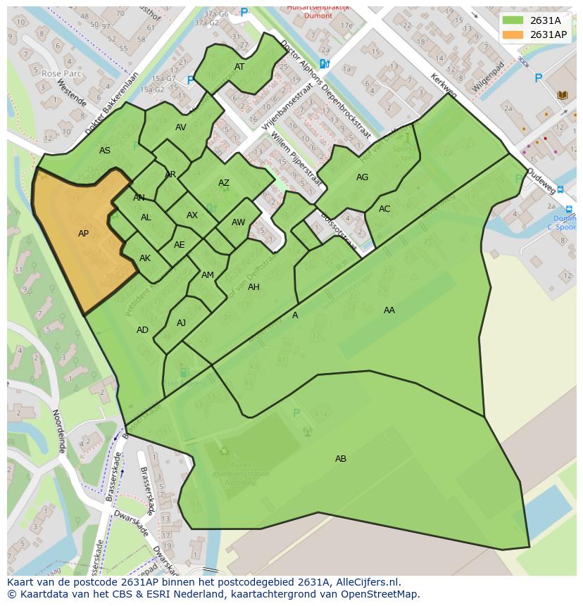 Afbeelding van het postcodegebied 2631 AP op de kaart.