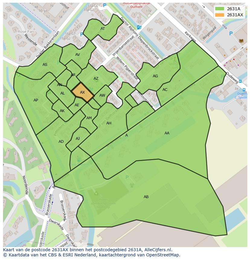 Afbeelding van het postcodegebied 2631 AX op de kaart.