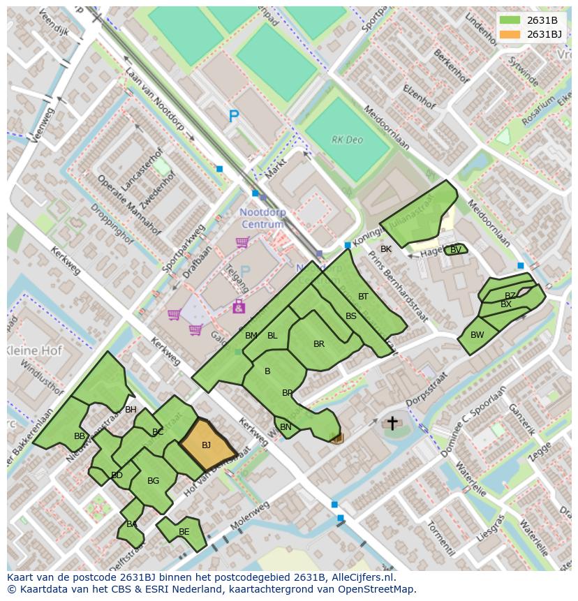 Afbeelding van het postcodegebied 2631 BJ op de kaart.