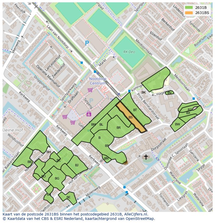 Afbeelding van het postcodegebied 2631 BS op de kaart.