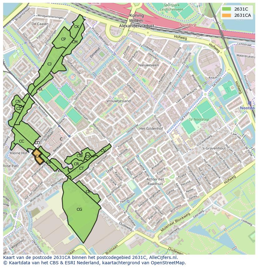 Afbeelding van het postcodegebied 2631 CA op de kaart.