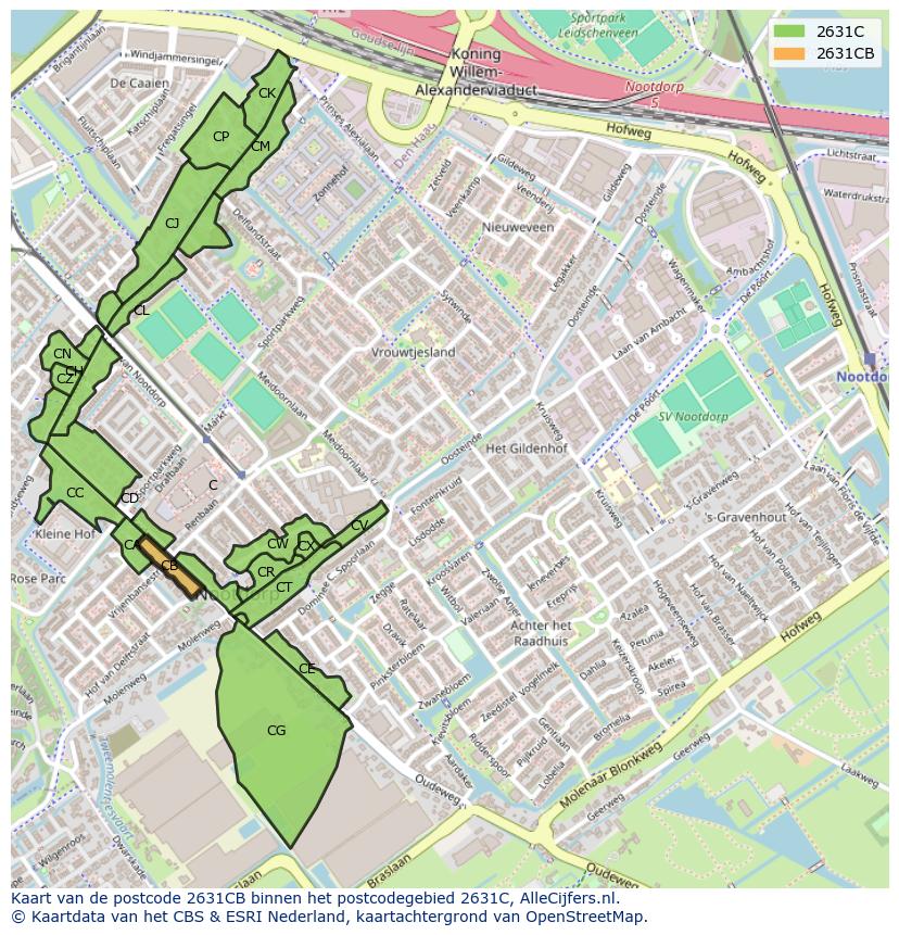 Afbeelding van het postcodegebied 2631 CB op de kaart.