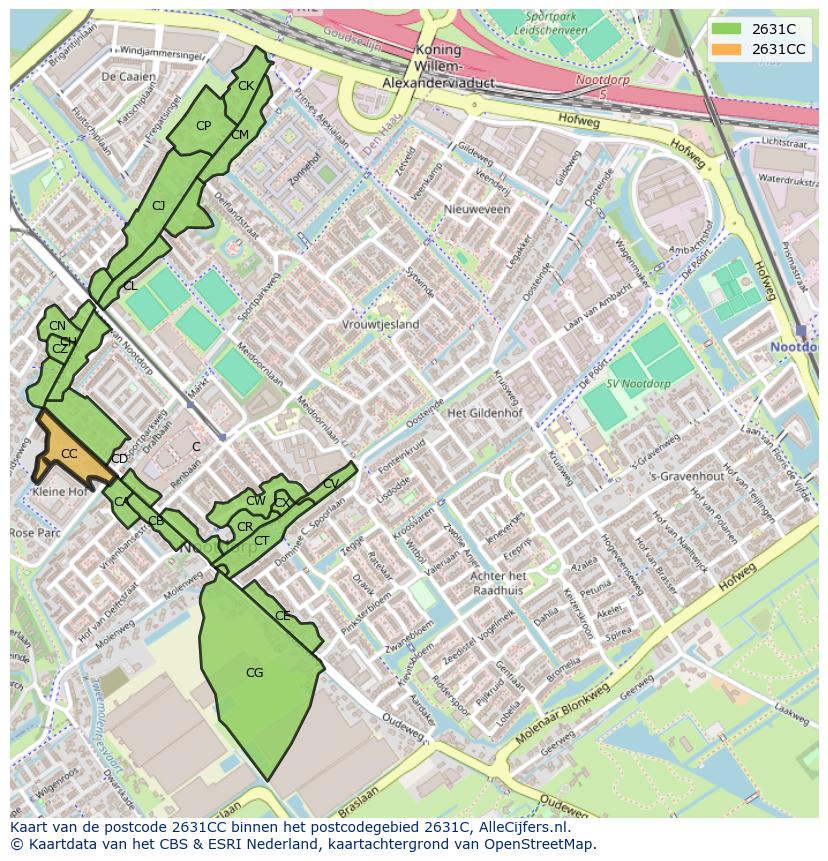 Afbeelding van het postcodegebied 2631 CC op de kaart.