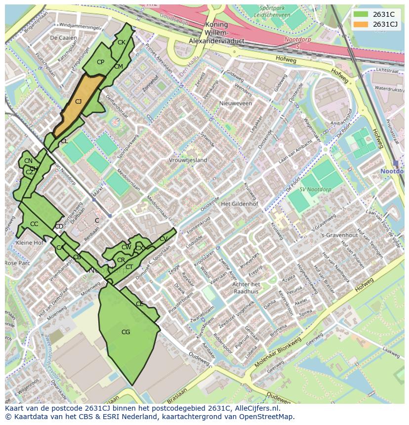 Afbeelding van het postcodegebied 2631 CJ op de kaart.