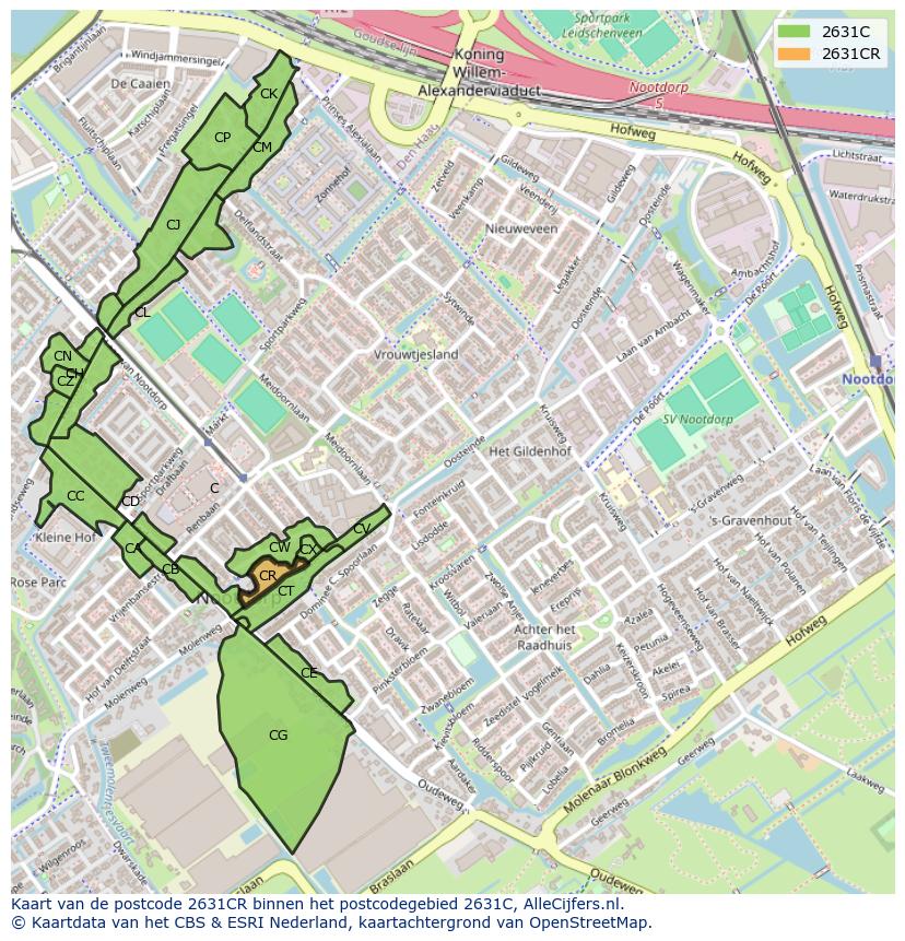 Afbeelding van het postcodegebied 2631 CR op de kaart.