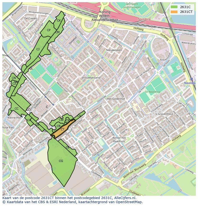 Afbeelding van het postcodegebied 2631 CT op de kaart.