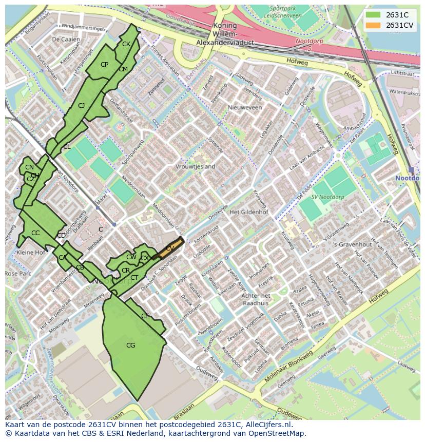 Afbeelding van het postcodegebied 2631 CV op de kaart.