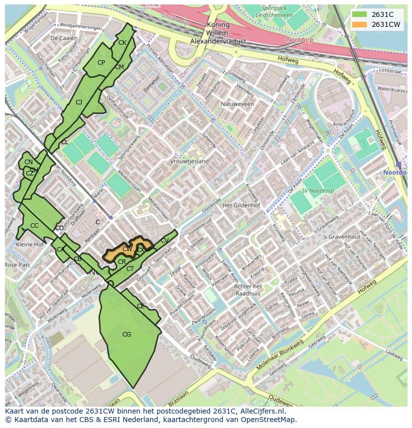 Afbeelding van het postcodegebied 2631 CW op de kaart.