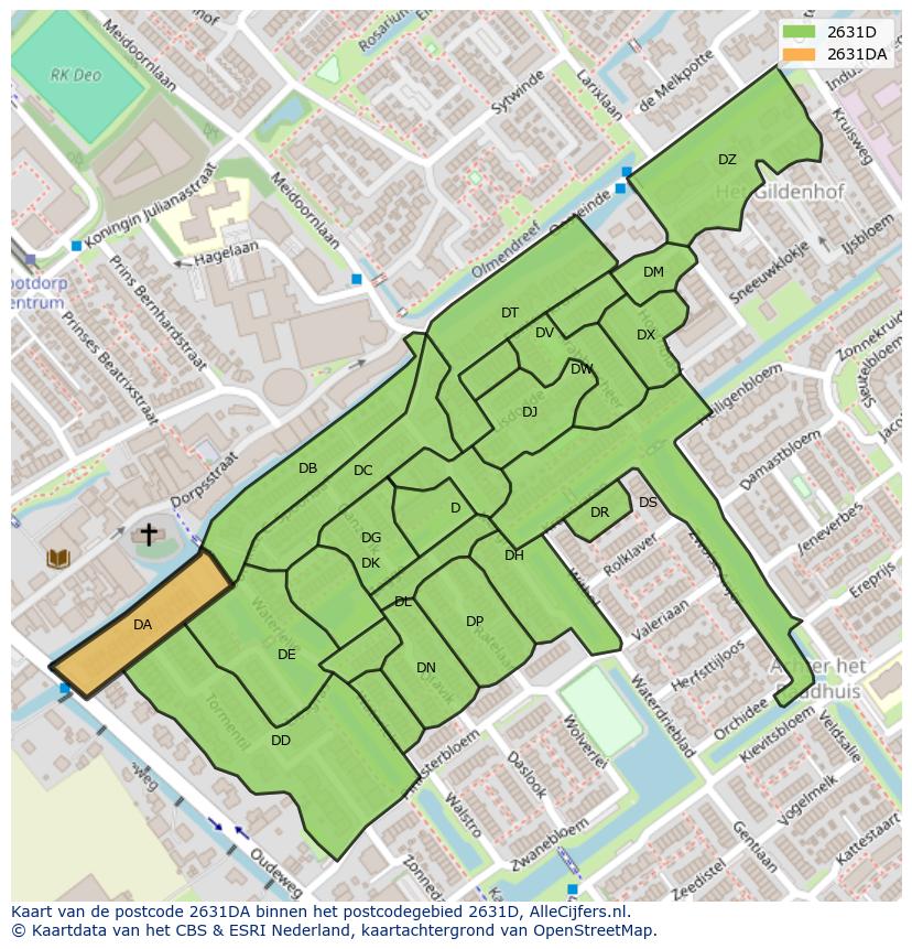 Afbeelding van het postcodegebied 2631 DA op de kaart.