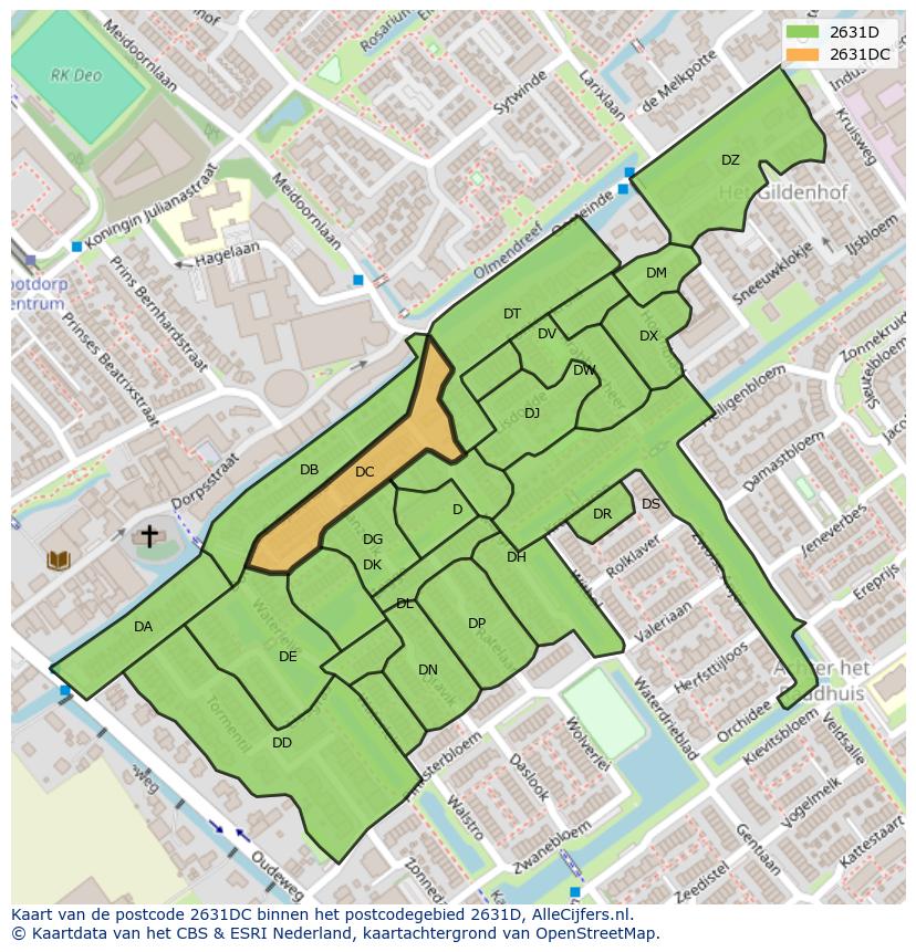 Afbeelding van het postcodegebied 2631 DC op de kaart.