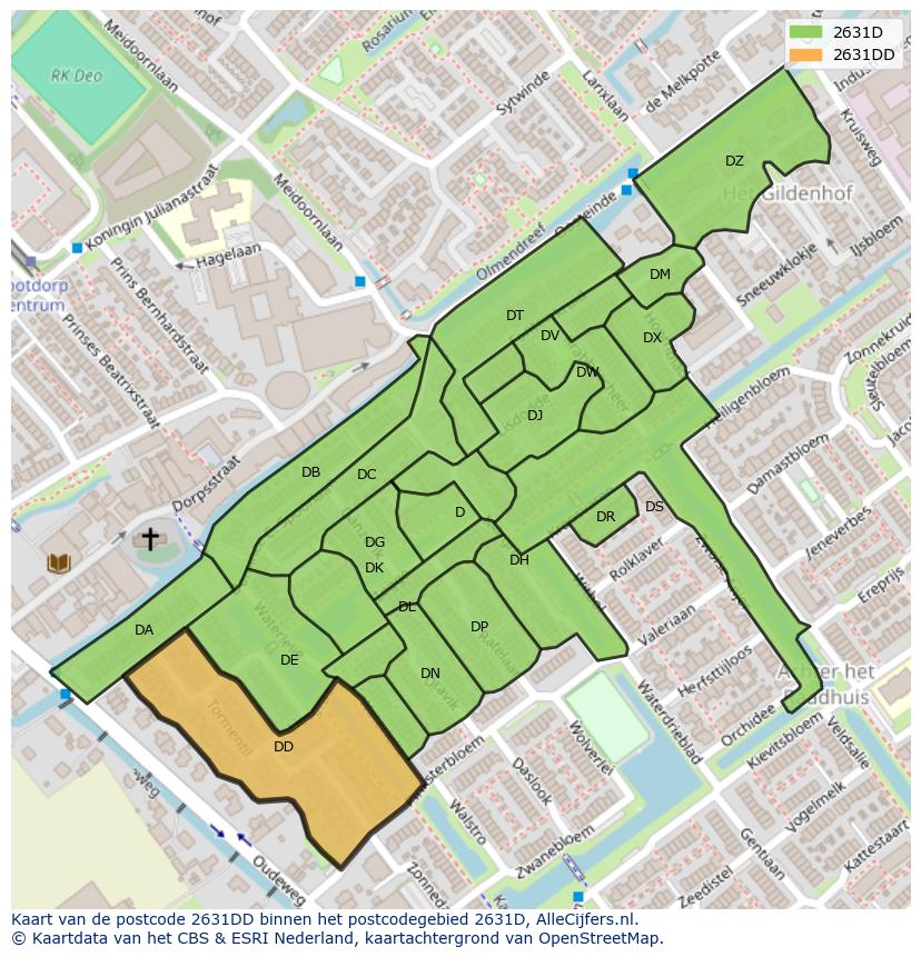 Afbeelding van het postcodegebied 2631 DD op de kaart.