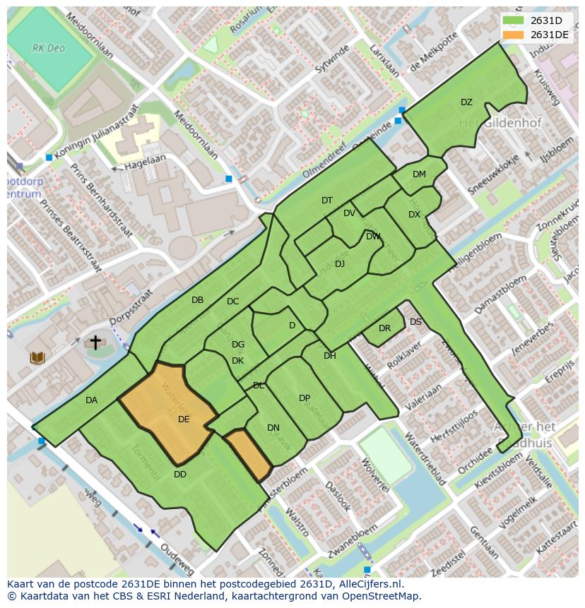 Afbeelding van het postcodegebied 2631 DE op de kaart.