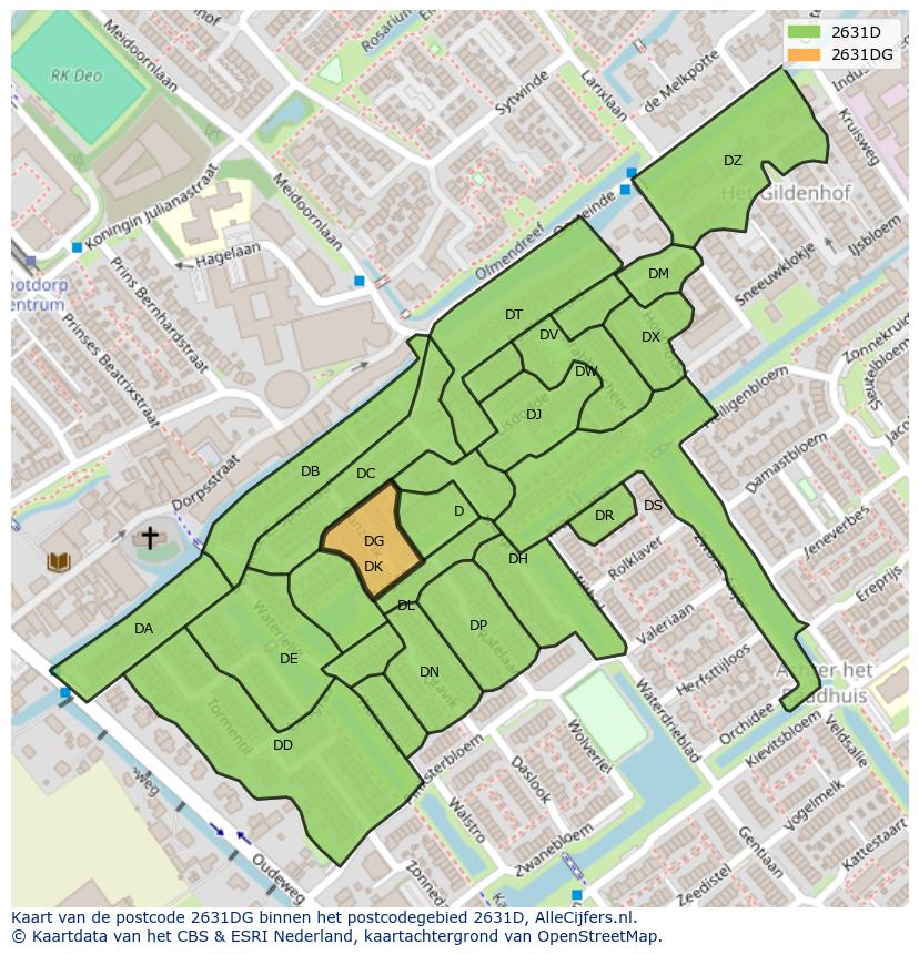 Afbeelding van het postcodegebied 2631 DG op de kaart.