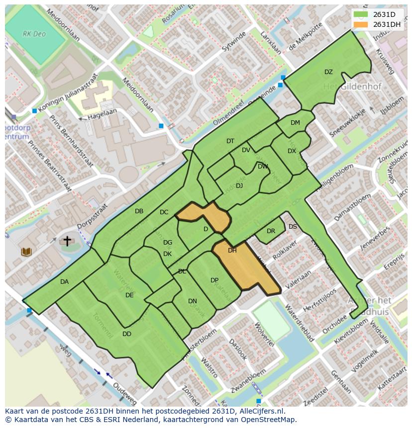 Afbeelding van het postcodegebied 2631 DH op de kaart.