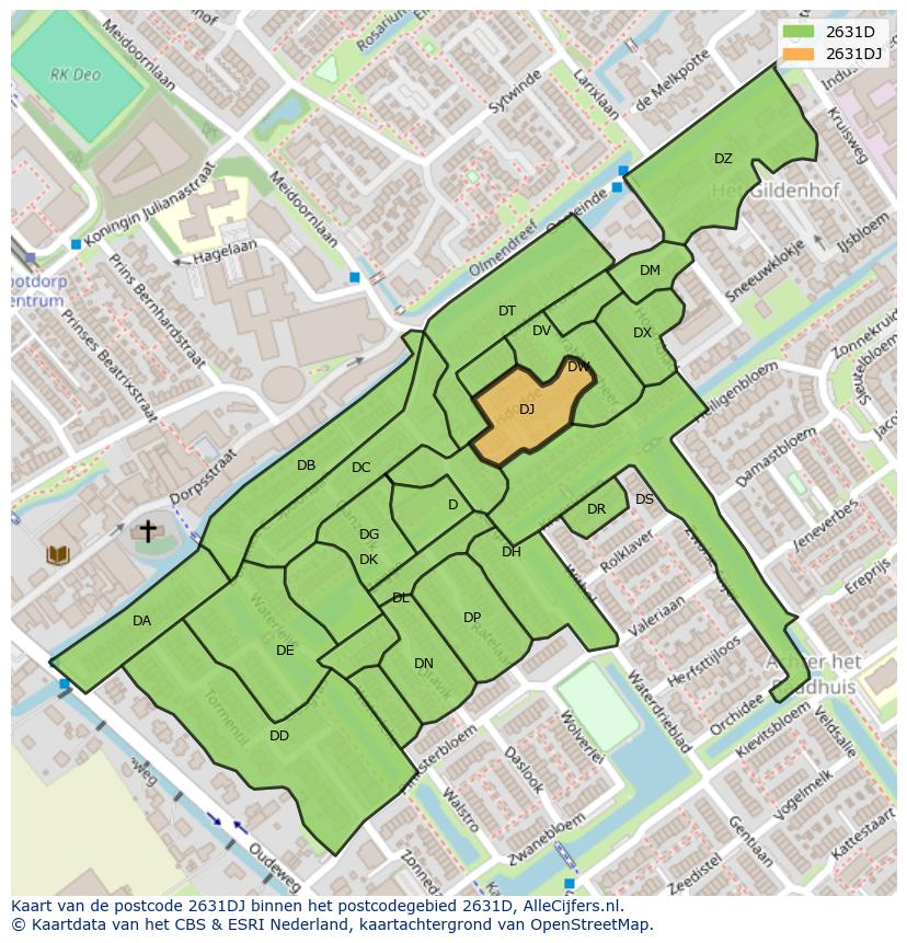 Afbeelding van het postcodegebied 2631 DJ op de kaart.