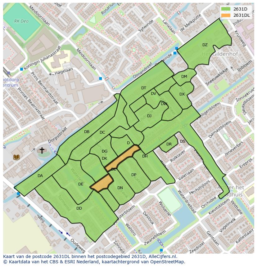 Afbeelding van het postcodegebied 2631 DL op de kaart.