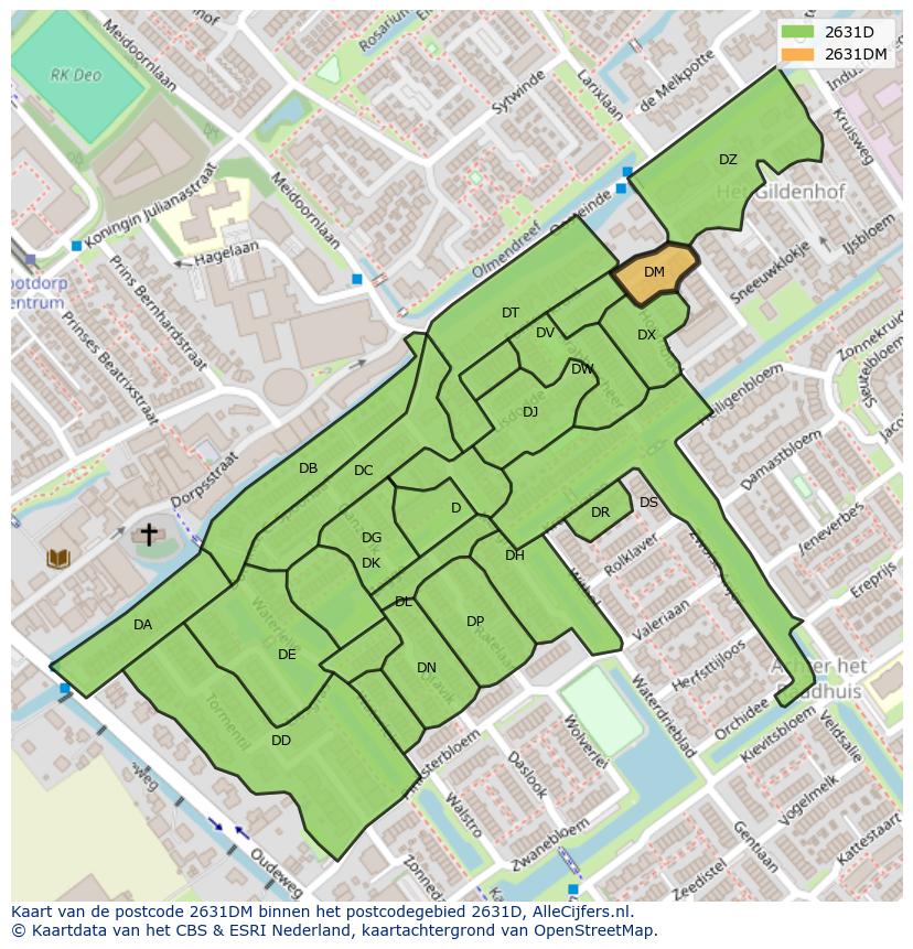 Afbeelding van het postcodegebied 2631 DM op de kaart.