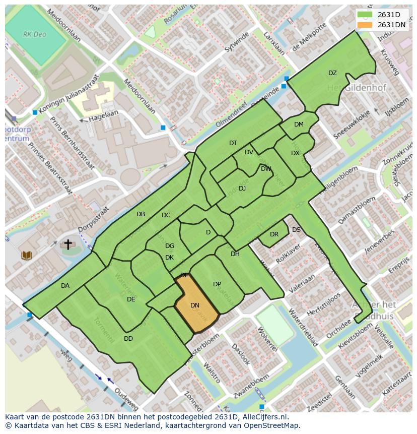 Afbeelding van het postcodegebied 2631 DN op de kaart.