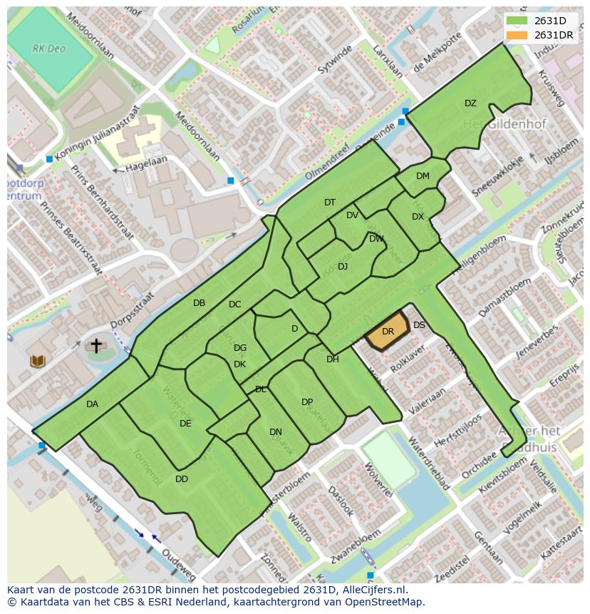 Afbeelding van het postcodegebied 2631 DR op de kaart.