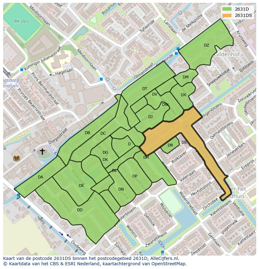 Afbeelding van het postcodegebied 2631 DS op de kaart.