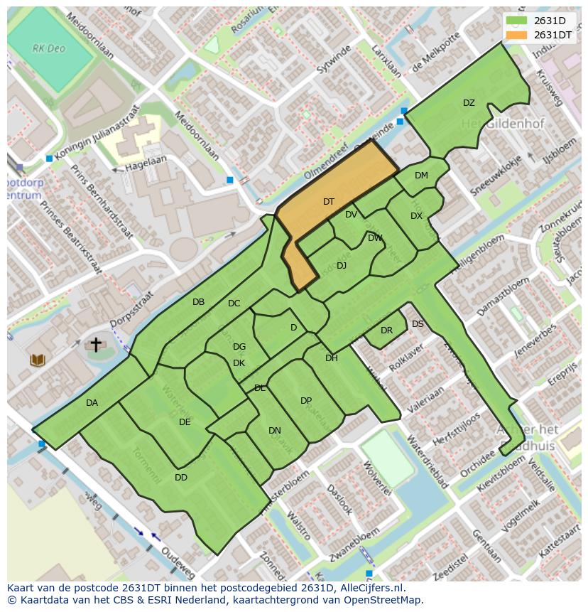 Afbeelding van het postcodegebied 2631 DT op de kaart.