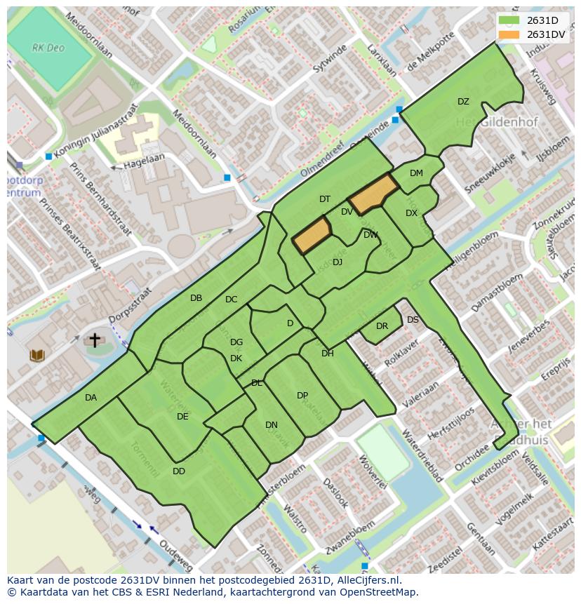Afbeelding van het postcodegebied 2631 DV op de kaart.