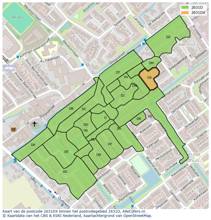 Afbeelding van het postcodegebied 2631 DX op de kaart.