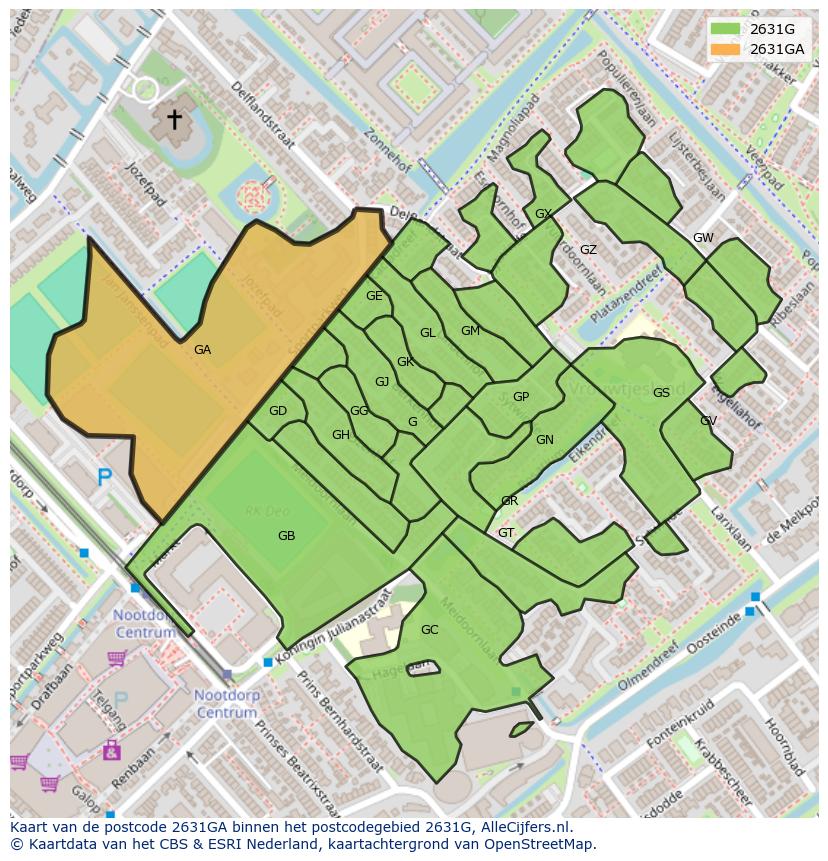 Afbeelding van het postcodegebied 2631 GA op de kaart.