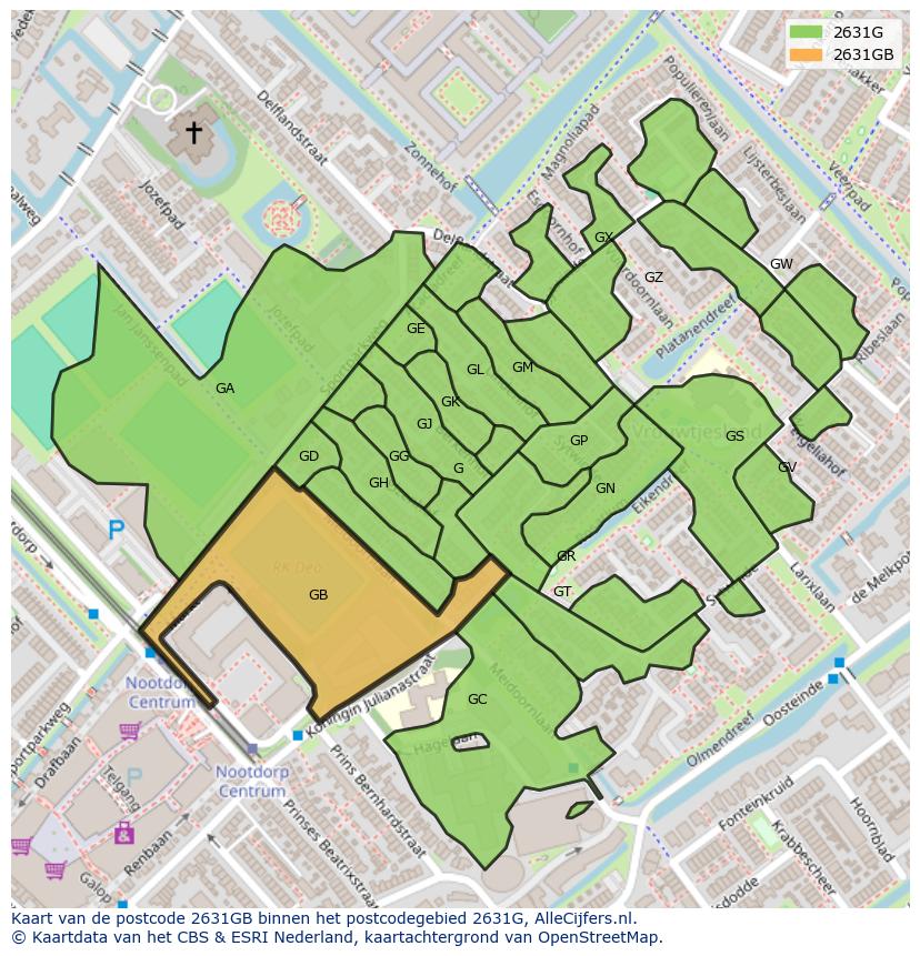 Afbeelding van het postcodegebied 2631 GB op de kaart.