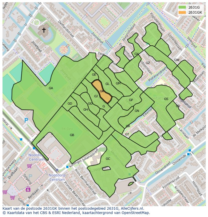 Afbeelding van het postcodegebied 2631 GK op de kaart.