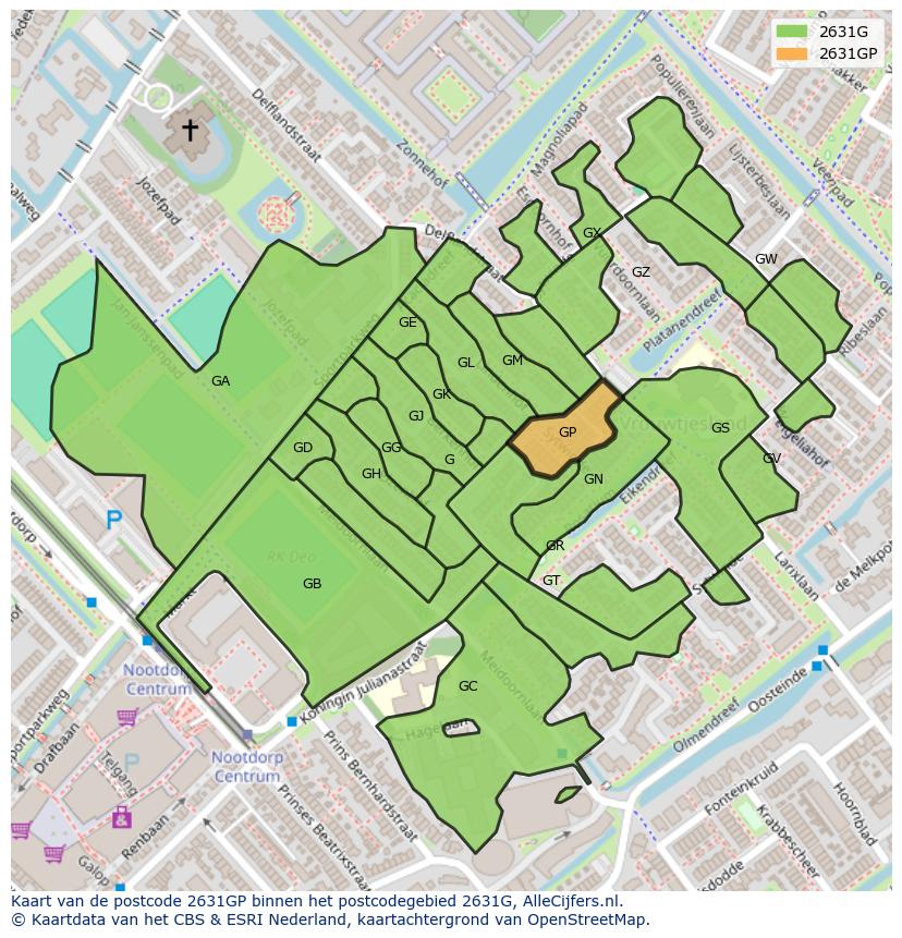 Afbeelding van het postcodegebied 2631 GP op de kaart.
