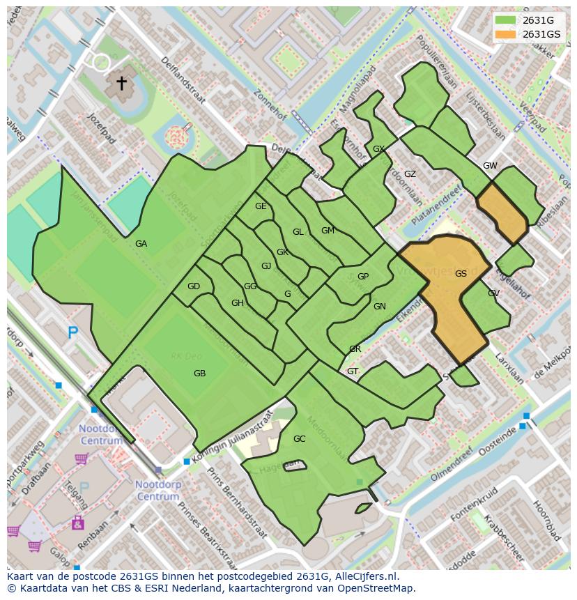 Afbeelding van het postcodegebied 2631 GS op de kaart.