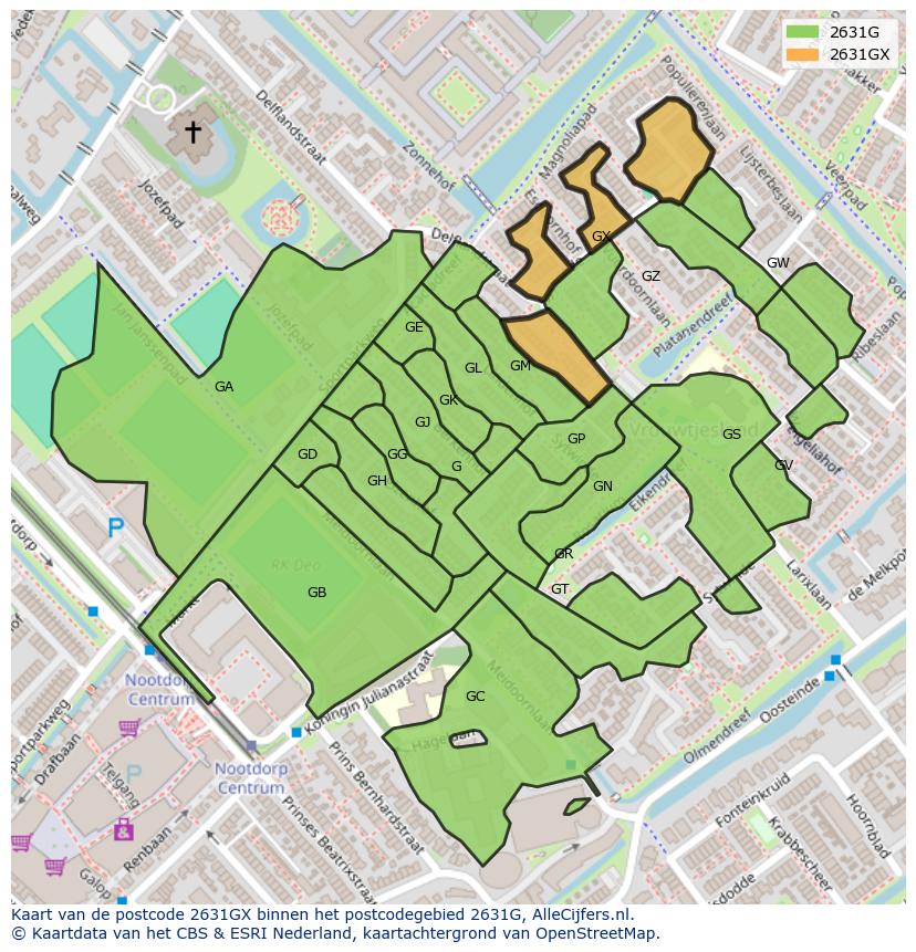 Afbeelding van het postcodegebied 2631 GX op de kaart.
