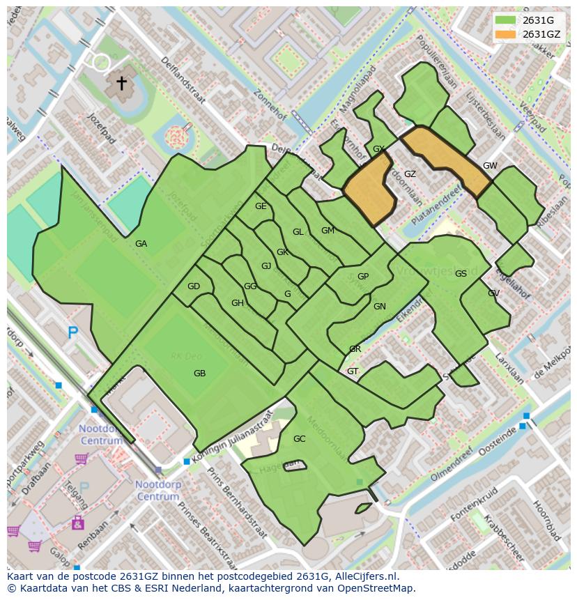 Afbeelding van het postcodegebied 2631 GZ op de kaart.