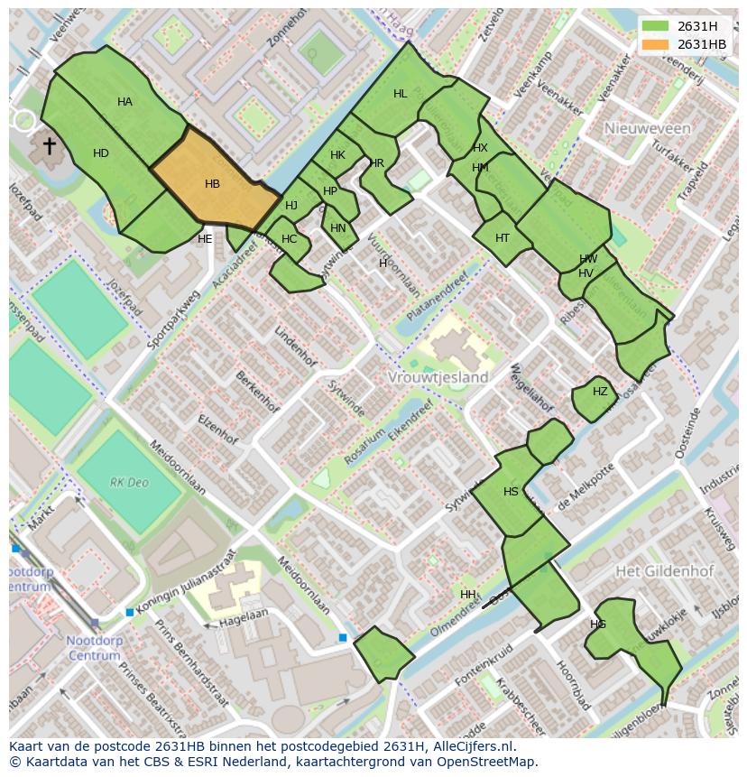 Afbeelding van het postcodegebied 2631 HB op de kaart.