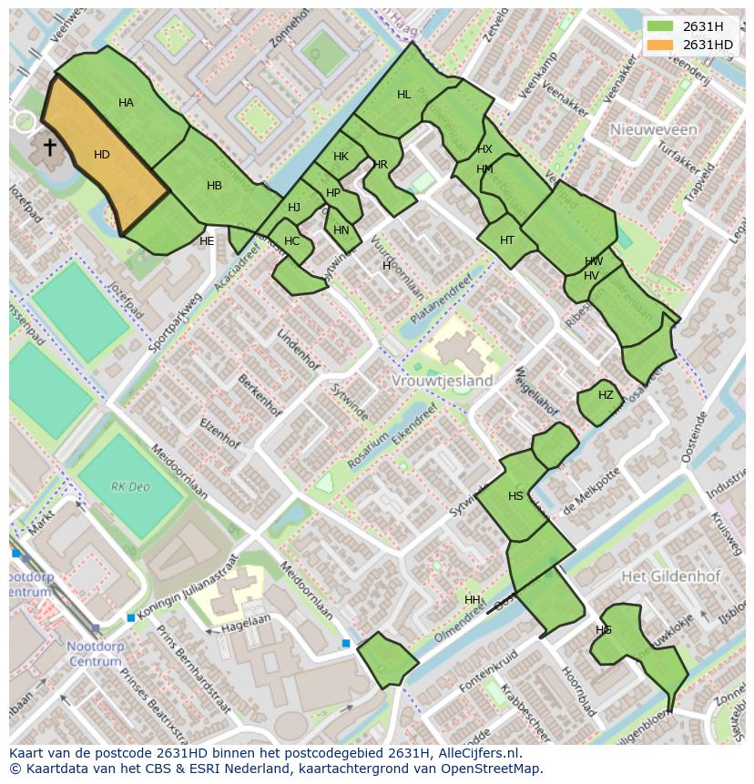 Afbeelding van het postcodegebied 2631 HD op de kaart.