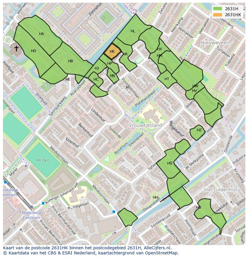 Afbeelding van het postcodegebied 2631 HK op de kaart.
