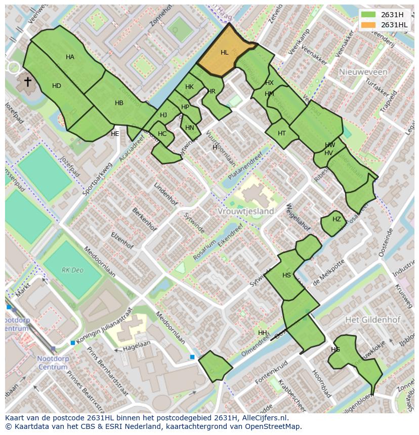 Afbeelding van het postcodegebied 2631 HL op de kaart.