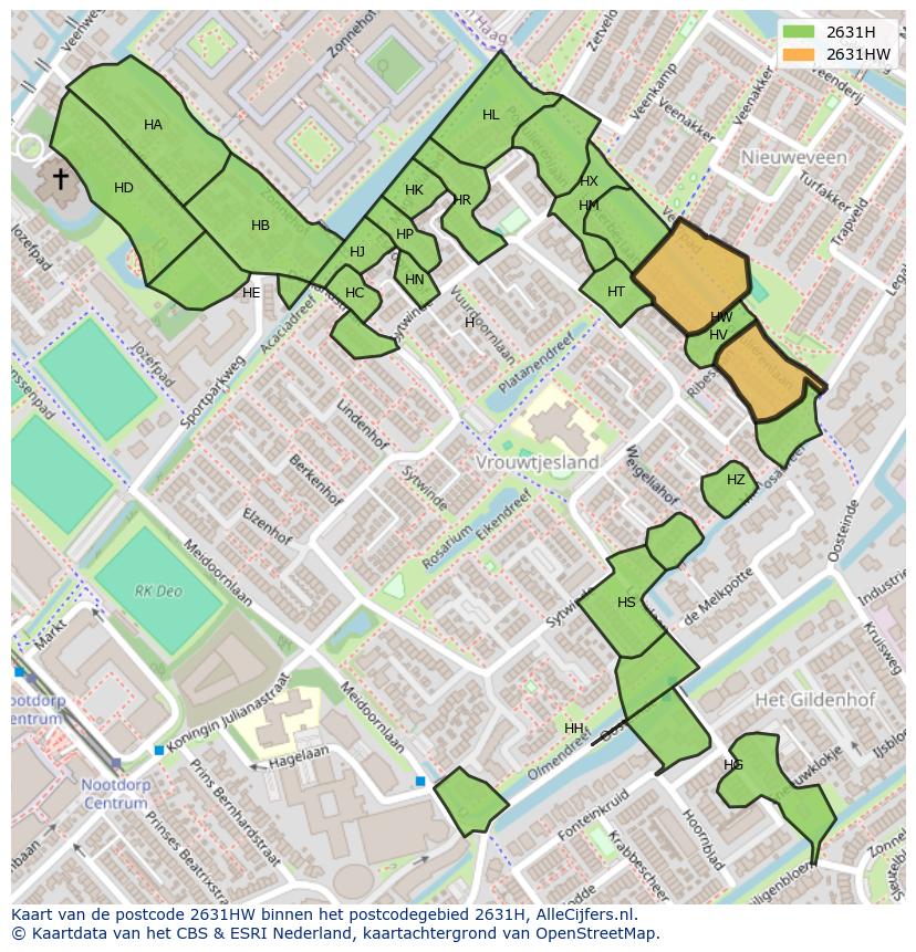 Afbeelding van het postcodegebied 2631 HW op de kaart.