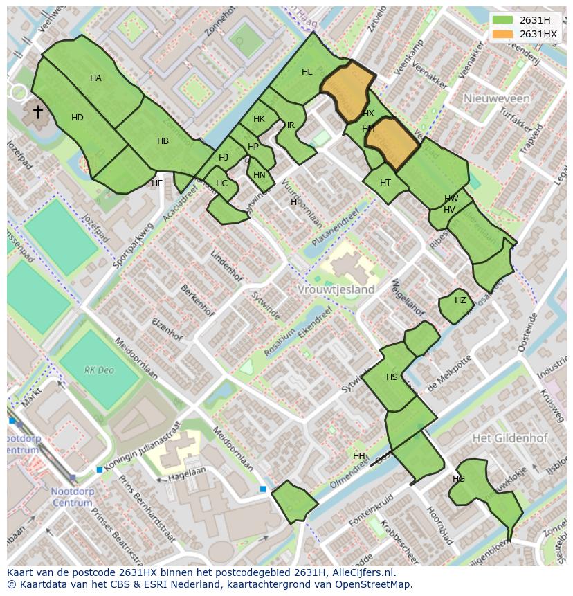 Afbeelding van het postcodegebied 2631 HX op de kaart.