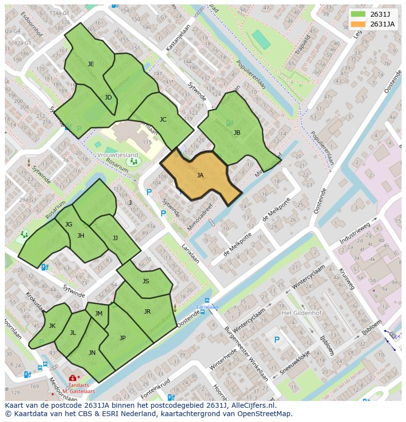 Afbeelding van het postcodegebied 2631 JA op de kaart.