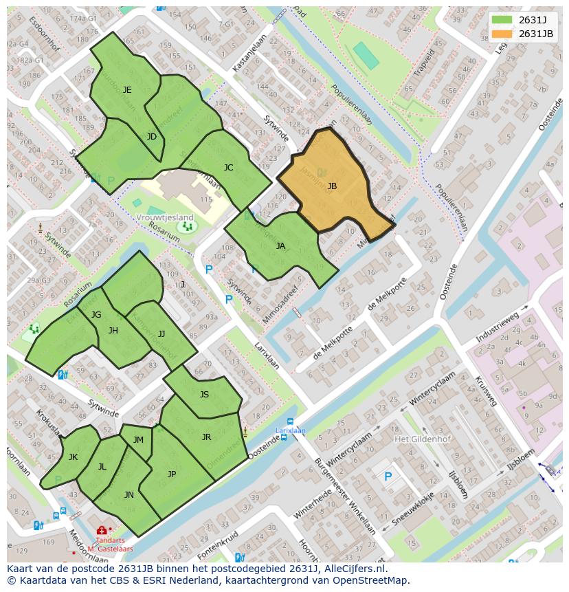 Afbeelding van het postcodegebied 2631 JB op de kaart.