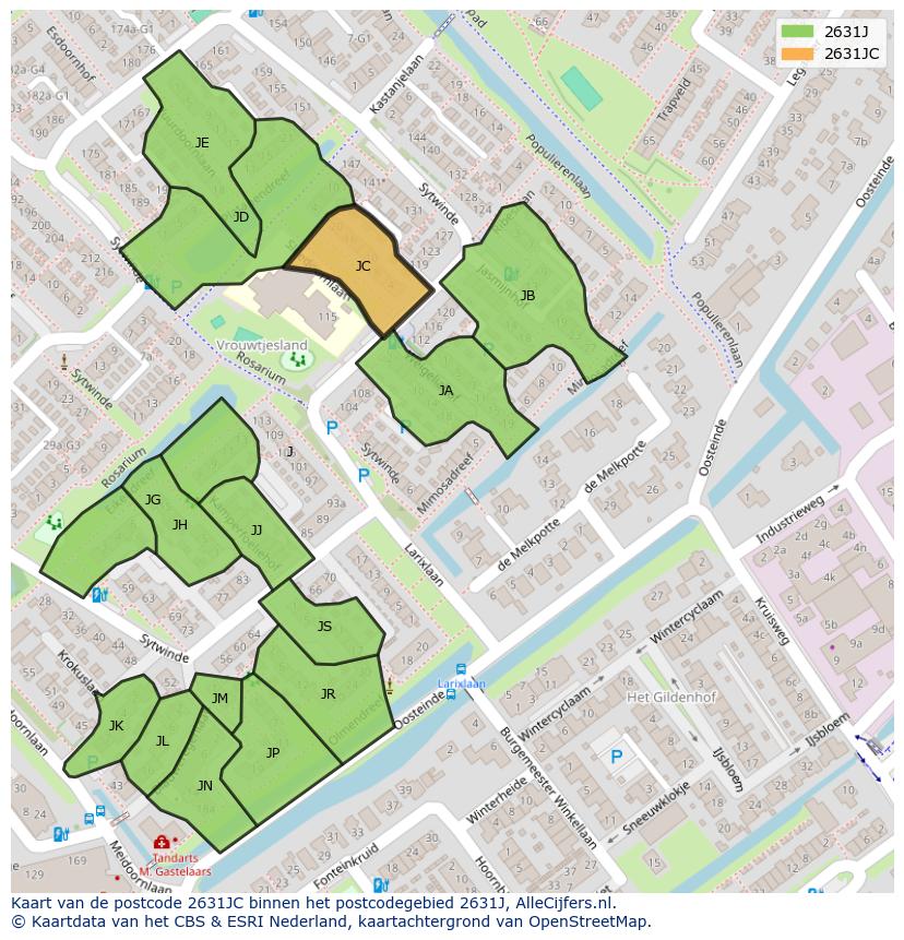 Afbeelding van het postcodegebied 2631 JC op de kaart.