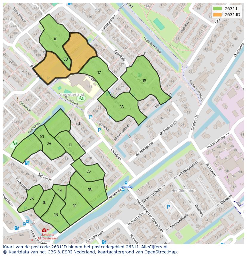 Afbeelding van het postcodegebied 2631 JD op de kaart.