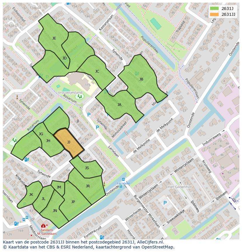 Afbeelding van het postcodegebied 2631 JJ op de kaart.