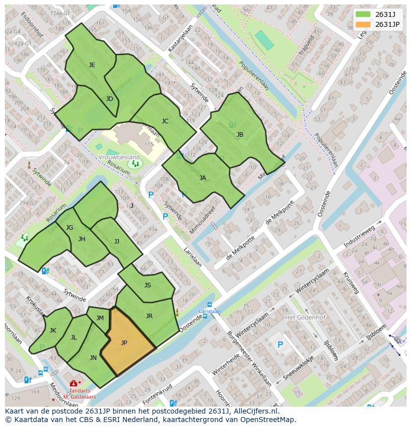 Afbeelding van het postcodegebied 2631 JP op de kaart.